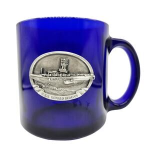 U.S.S Ronald Reagan Cobalt Blue Glass Souvenir Pewter Aircraft Carrier Mug